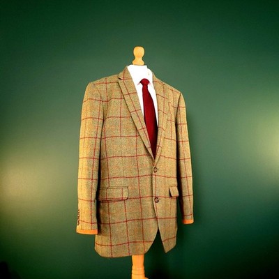 Samuel Windsor Mallalieus Tweed Blazer Sakko Herren 44R grün kariert Knopf orange
