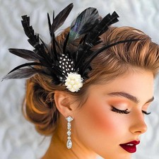 Yokawe 1920s Feather Hair Clips Black Flapper Gatsby Feather Pearl Hair Acces...