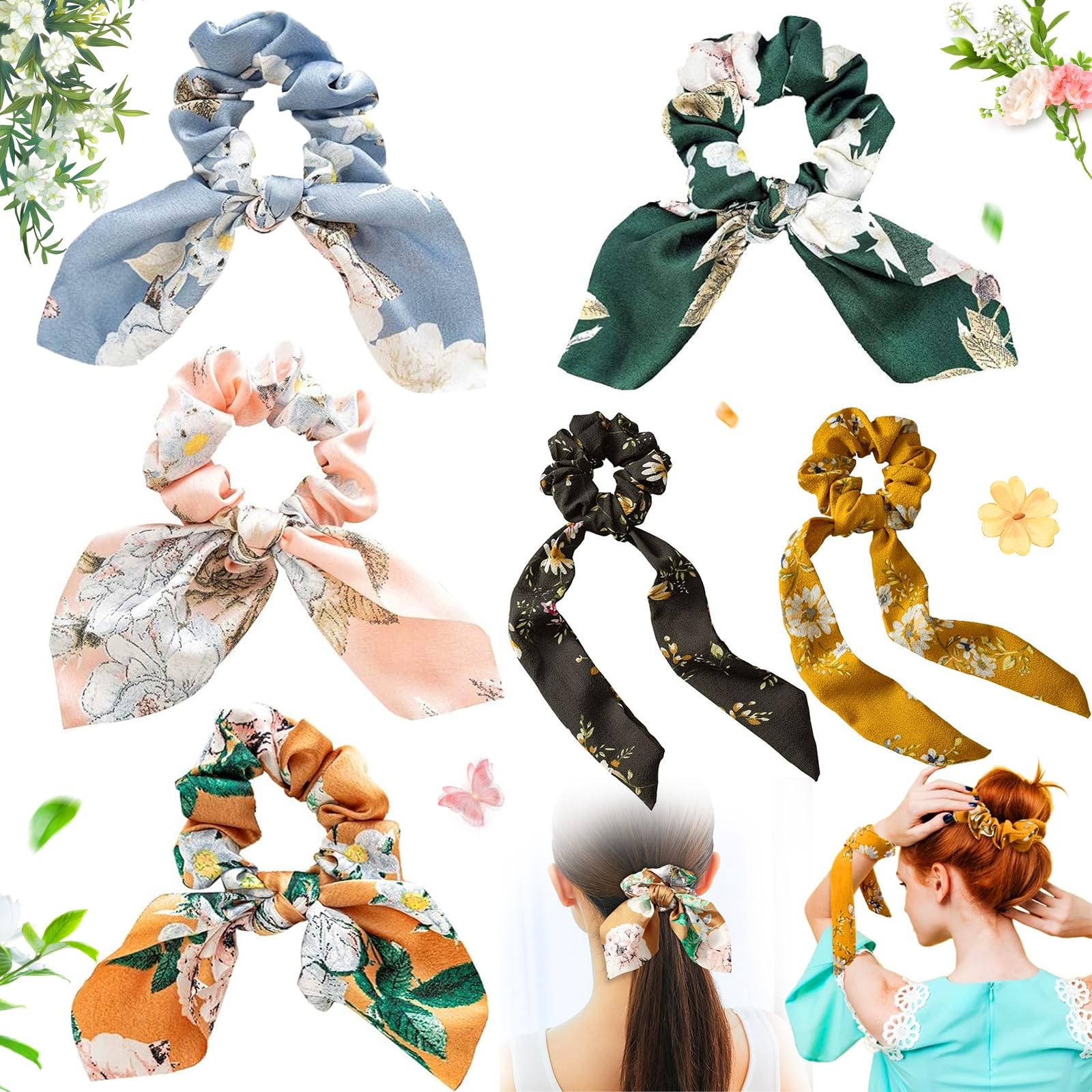 Noeud de cheveux en satin élastique avec foulard bowknot amovible lot de 6