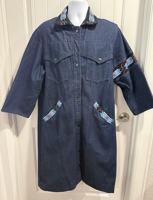 David James denim duster western 80s 90s vtg long jacket Jean dark wash Petite M