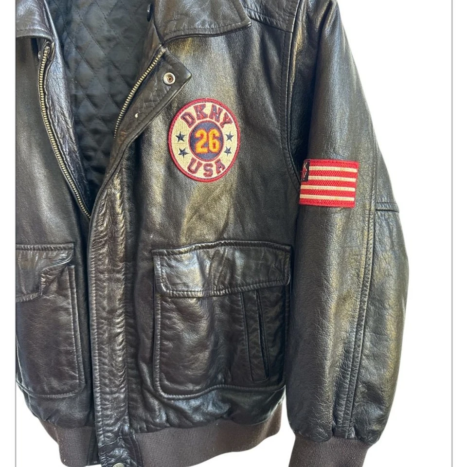 罕见 FIND 复古 DKNY 男孩皮革飞行员夹克 尺寸 12 90 年代风格女式 XS/S — 第 3/4 张图片