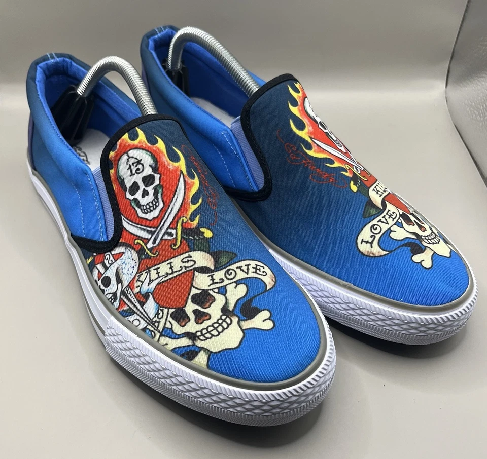 Ed Hardy Low Top Canvas Slip On Skull Blue Love Kills Slowly Shoes Men Size 9.5 - Image 2 of 4