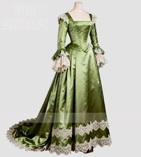 Green Satin Victorian Ball Gown Square Neck Lace Flare  Sleeve Historical Costume