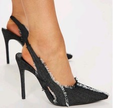 Fashion Nova Payton Slingback Womens 10 Black Denim Rough Hem Heels Pumps Shoes