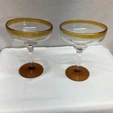 2 DiSaronno Amber Margarita Glasses Hand Blown Yellow Clear Barware Set