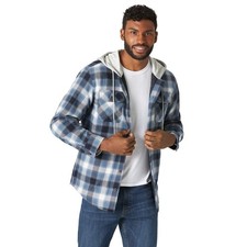 Wrangler Mens Flannel Shirt Jacket Quilted Lined Hooded Blue Black, Size Medium