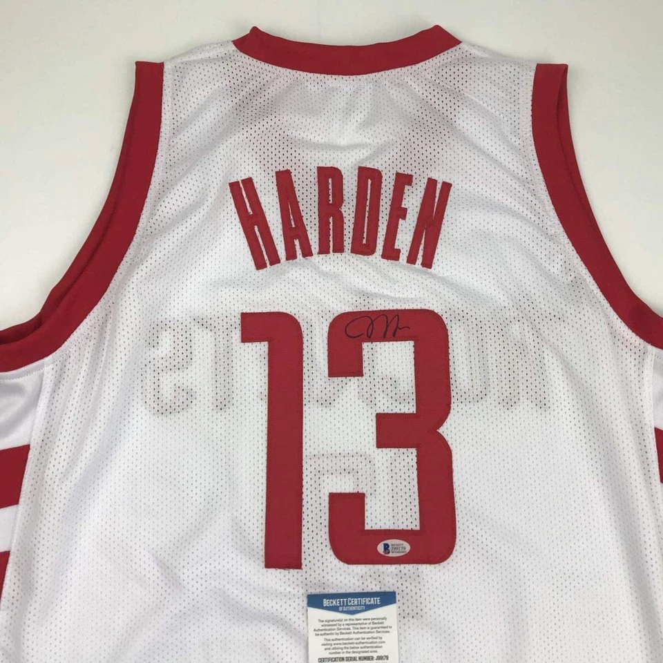 Camiseta deportiva de baloncesto blanca autografiada/firmada de James Harden Houston Beckett certificado de autenticidad BAS Foto 2 de 3