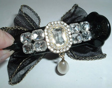 2 SIDED BLACK AND WHITE SILK BOW JEWELED HAIR CLAW CLIP NWT