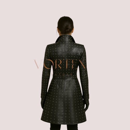 Women's Studded Black Lambskin Leather Trench Coat | Double Breasted Long Jacket - Picture 2 of 4