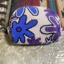 Beaded Floral Coin Purse White Blue Purple Vintage