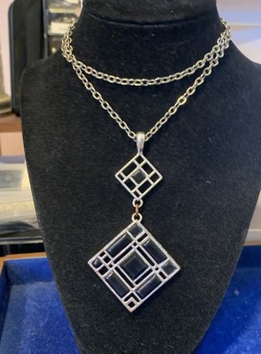 Square Black Enameled Necklace Silver Tone Chain Spring Closure