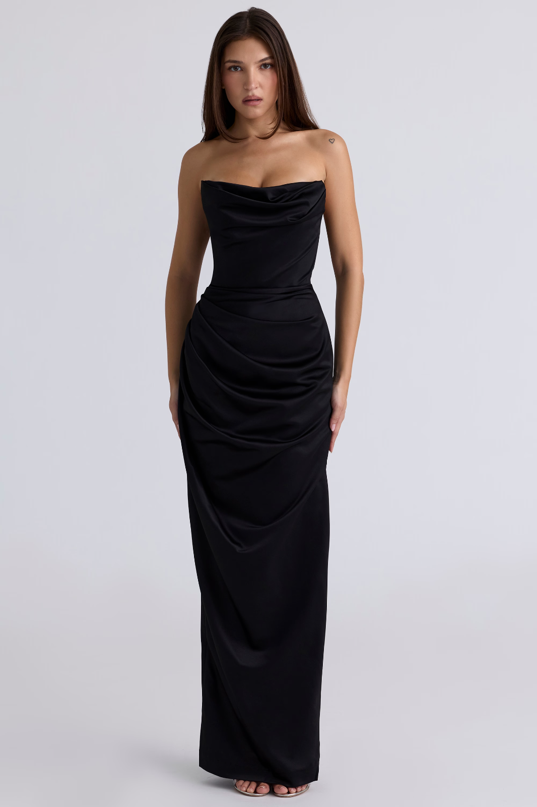 HOUSE of CB Black Adrienne Satin Strapless High Slit Gown Maxi Dress M = 6/8 +