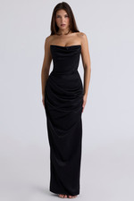 HOUSE of CB Black Adrienne Satin Strapless High Slit Gown Maxi Dress M  6/8 