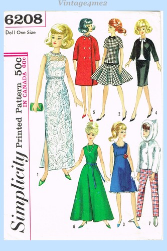 1960s Vintage Simplicity Sewing Pattern 6208 ORIG 11.5 Inch Barbie Doll Clothes