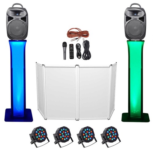 DJ Package w/Dual 8" Bluetooth Speakers+Mic+Tripod+Totem Stands+Facade+Pars DJ Package w/Dual 8" Bluetooth Speakers+Mic+Tripod+Totem Stands+Facade+Pars