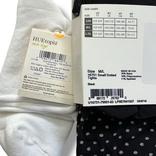 Hue Roll Top Shortie Sock White 6 Pair With Small Dotted Black Gray Tights M/ L - Picture 3 of 3