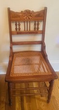 Antique Eastlake Victorian Walnut Dining Side Hall Chair w Cane Seat Bottom