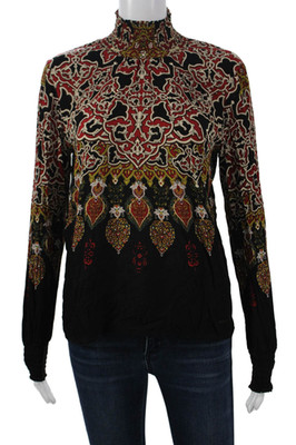 Desigual Women Bohemian Paisley Mock Neck Black Long Sleeve Blouse Size S
