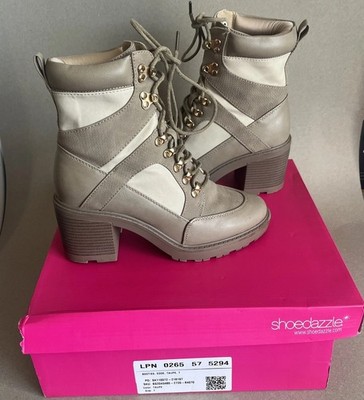 Shoedazzle Women's Ankle Botties Size 7 Taupe Lace- Up Block Heel Boots Casual