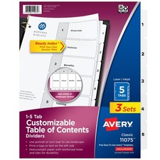 Avery Dividers for 3 Ring Binders, 5 Tabs per Set, Customizable Table of Content