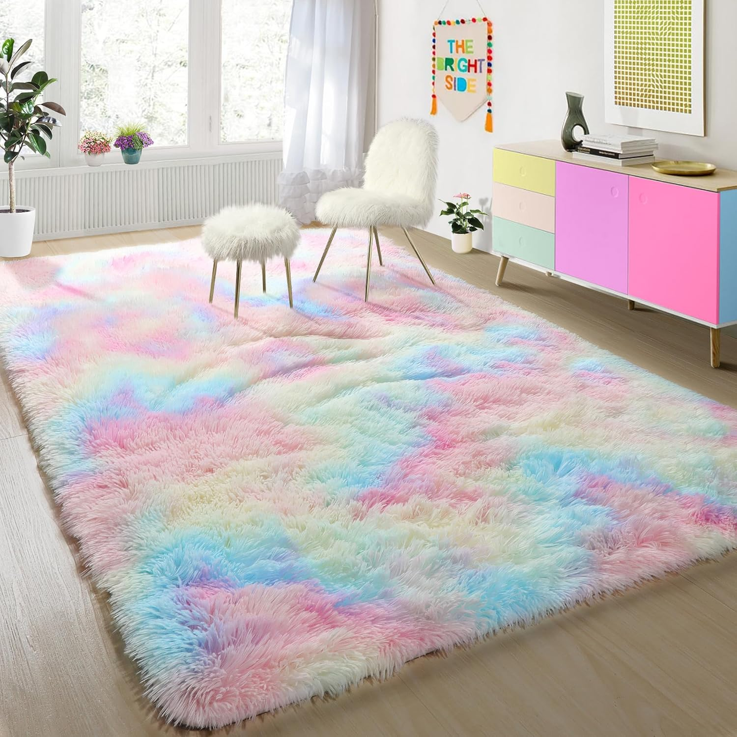 4X6 Rainbow Fluffy Soft Plush Shaggy Rug for Girls Bedroom Kids Room