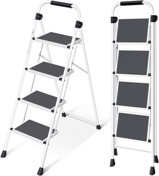 Kingrack Trittleiter 4 Stufen Klappbar Handlauf Breites Rutschfestes Pedal Weiß-image