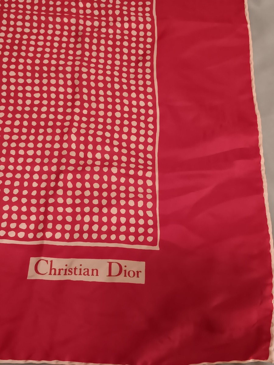 VINTAGE CHRISTIAN DIOR RED WHITE POLKA DOTS SCARF ALL SILK