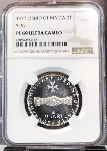 1977 ORDER OF MALTA SILVER 9 TARI X-57 NGC PF 69 ULTRA CAMEO RARE TOP POP 1
