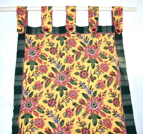 Vintage Pair Yellow with Red & Green Flowers Cotton Lined Drapes w/ Button Loops - Picture 4 of 8