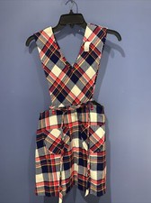 12 Girls Dress VINTAGE 1960 ALYSSA Red Blue PLAID Wrap Halter Smock Bib Jumper