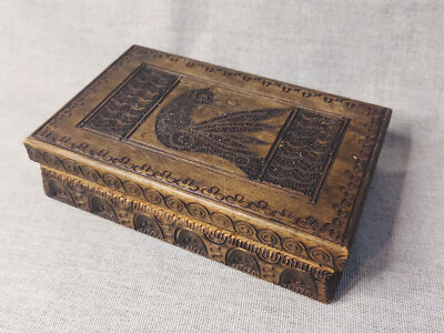 Vintage Pyrographie Vogel Design Holzkiste mit Klappdeckel, Holz Aufbewahrungsbox A