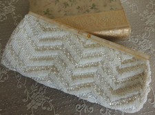 WHITE BEADED EVENING Bag Vintage 4.5"x9" Gold-Mother-of-Pearl Closure Hong Kong