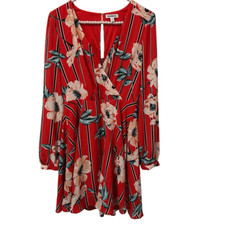 Express Women Dress small Red Floral Long Sleeve Mini Surplice wrap Lined fairy