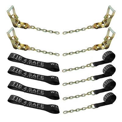 8 Point Rollback Vehicle Tie Down Kit w/ Chain Ends Tow Truck Towing Strap BLACK