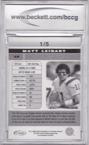 2006 Sage Hit Matt Leinart #1 National Promos BCCG 10 #1/5 - Picture 2 of 2