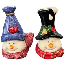 Vintage Mr Mrs Snowman Heads Hats Couple Twins Salt and Pepper Shakers