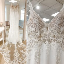 Boho V Neck Wedding Dress Appliqued Satin Spaghetti Straps Wedding Gown Backless