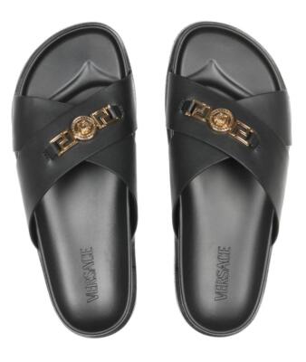 NEW VERSACE MEN'S BLACK LEATHER MEDUSA HEAD SLIDE SANDALS SHOES 42/US 9