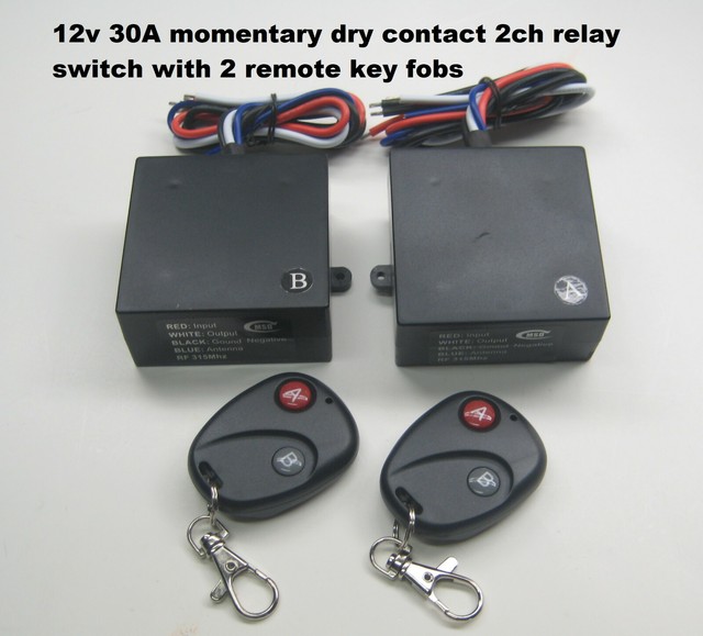 12V 30A 2 channel MOMENTARY dry contact relay switch w/2 remote key fob