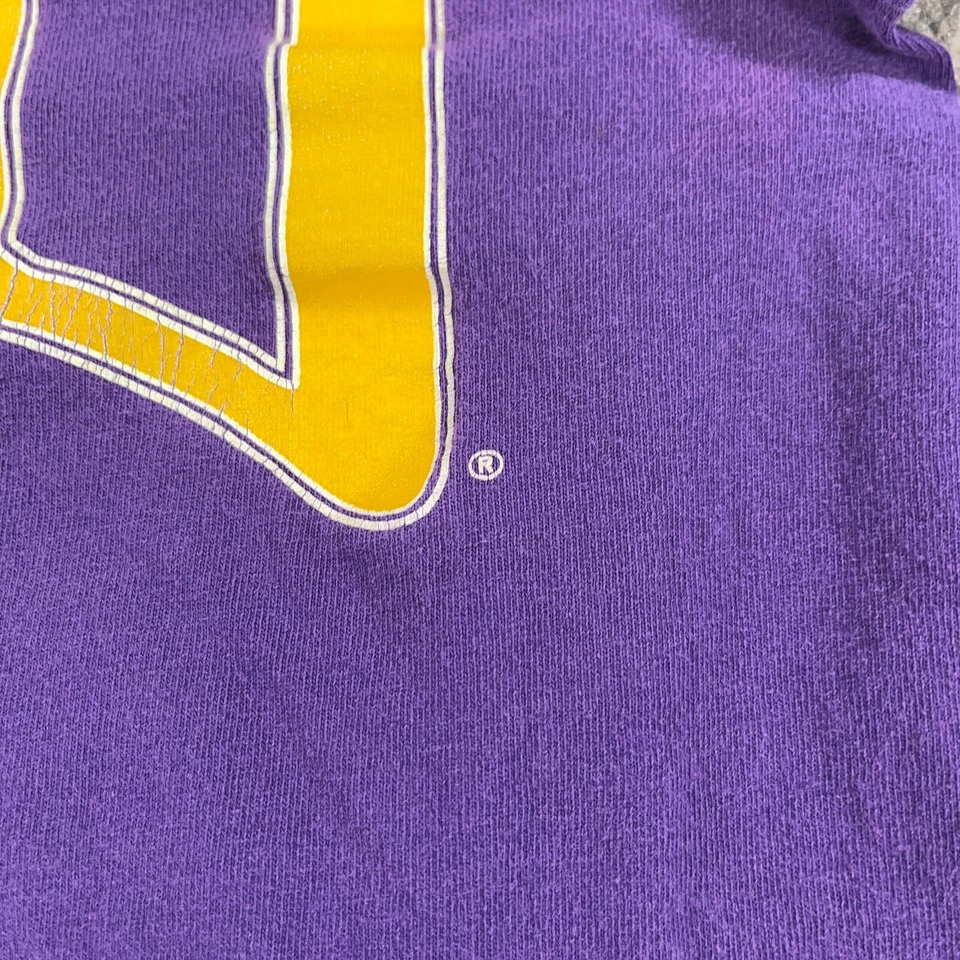 LSU Tiger Shirt Mens Medium Purple Crew Neck Spellout Logo Made In USA MJ Soffe - Image 3 of 4