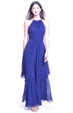 ELIZA J Blue Cobalt Gold Chain Halter Choker Tiered Chiffon Maxi Gown Dress 6 S