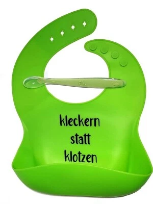 Silikonlätzchen Latz BPA-Frei mit Auffangschale + Löffel Neongrün cooler Spruch - Bild 1 von 4