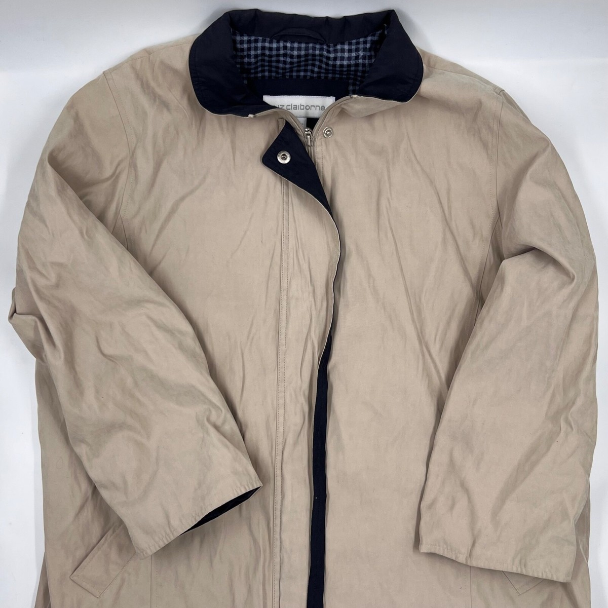 Liz Claiborne Mens Full Zip Jacket Size L Beige Plaid Lined Collar 