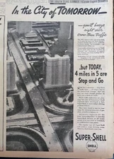 Large 1937 newspaper ad for Shell Gas - Traffic in City of Tomorrow, Bel Geddes