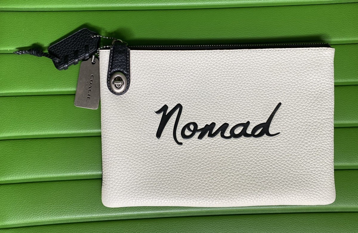 COACH CHALK/BLACK NOMAD PEBBLE LEATHER TURNLOCK POUCH NICKEL 65031