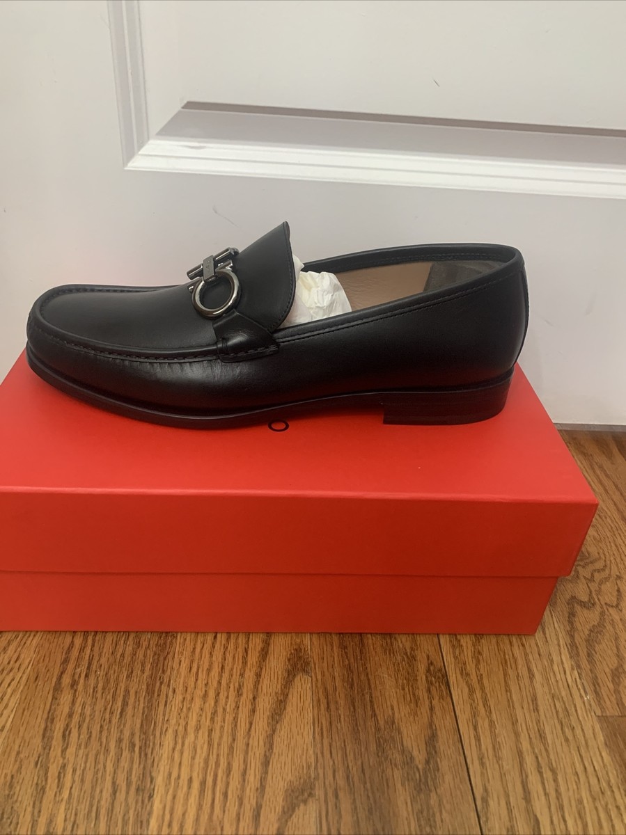 New Salvatore Ferragamo ROLO Black Leather Men Loafers Shoes 8.5