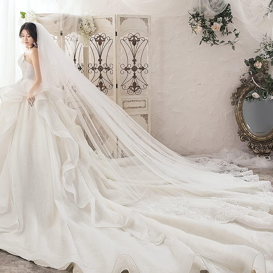 Wedding Veils Cathedral Length Long Sequins Lace Edge Blusher with Comb |  eBay