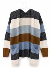 Womens Medium Colorblock Cardigan Open Front Hooded Striped Pockets Cozy-SALE