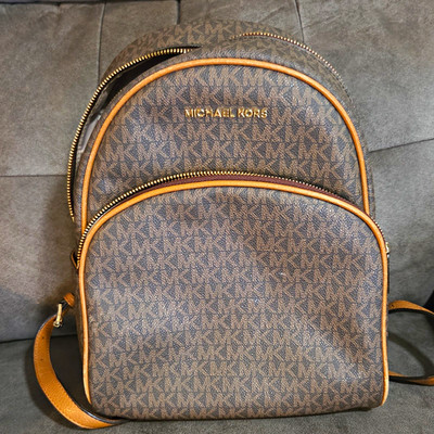 Michael Kors MK Signature Brown Zip Backpack Logo Accents Gold Hardware Pockets