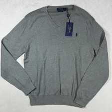 NWT Polo Ralph Lauren Medium Pima Cotton V-Neck Sweater in Gray With Horse Logo